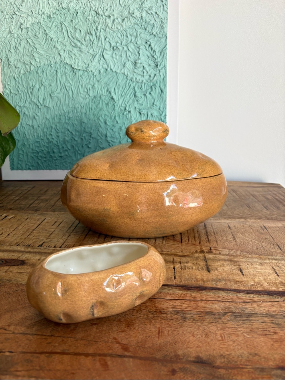 1971 Vintage Ceramic Potato Serving Dish with Lid & Matching Butter Bowl
